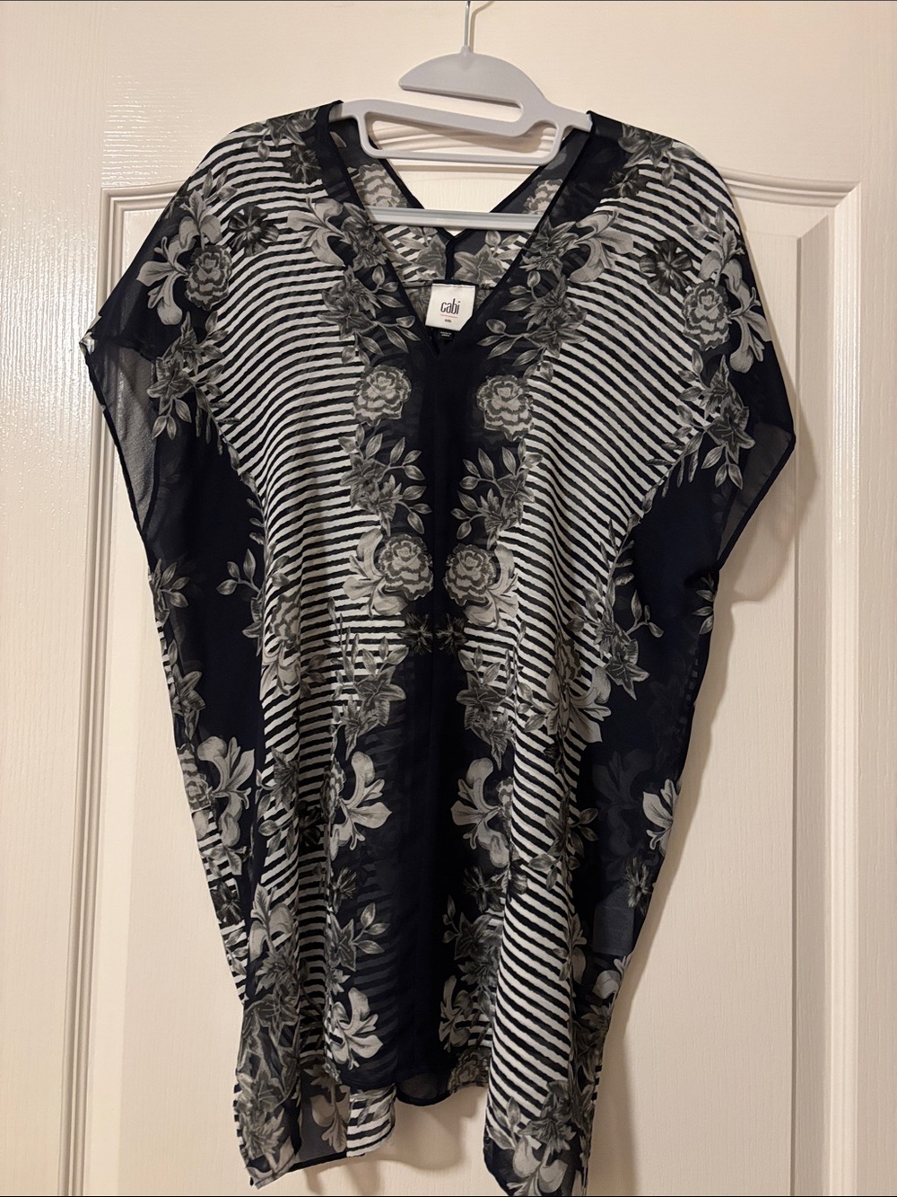 Cabi Yacht Top #5024 Sheer Floral Striped Blouse Navy White Small